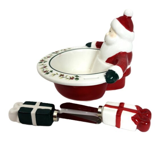 Pfaltzgraff Winterberry Santa Dip Bowl with Two Spreaders EUC - Picture 6 of 16
